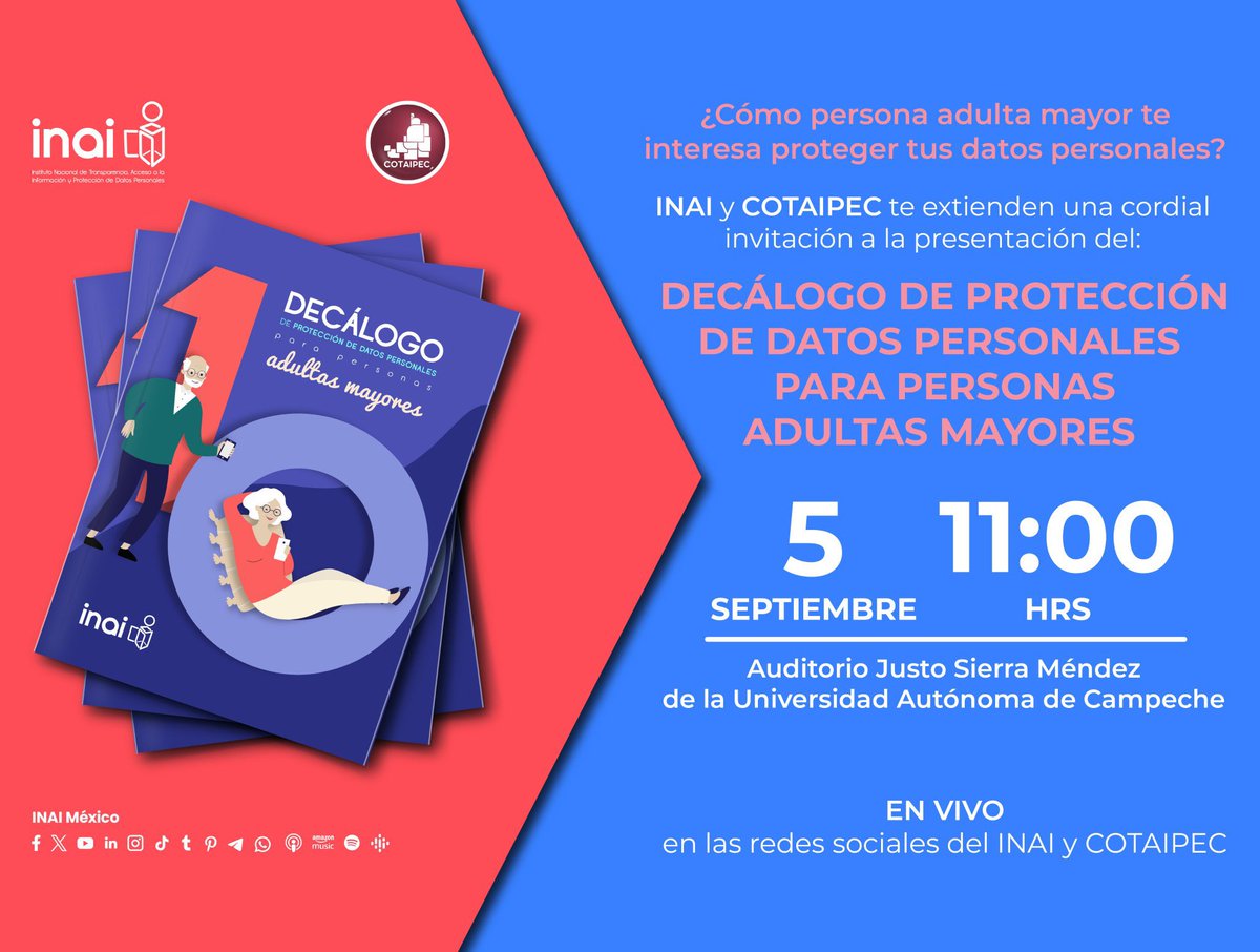 RegSureste_SNT's tweet image. 📆Al momento: Por primera vez, se realiza la presentación del #Decálogo de Protección de Datos Personales para Adultos Mayores 👴🏼 desde #Campeche.
El @INAIMexico y la #COTAIPEC te invitan a seguir la transmisión aquí👇🏼
youtube.com/live/PTO-hB9Su…