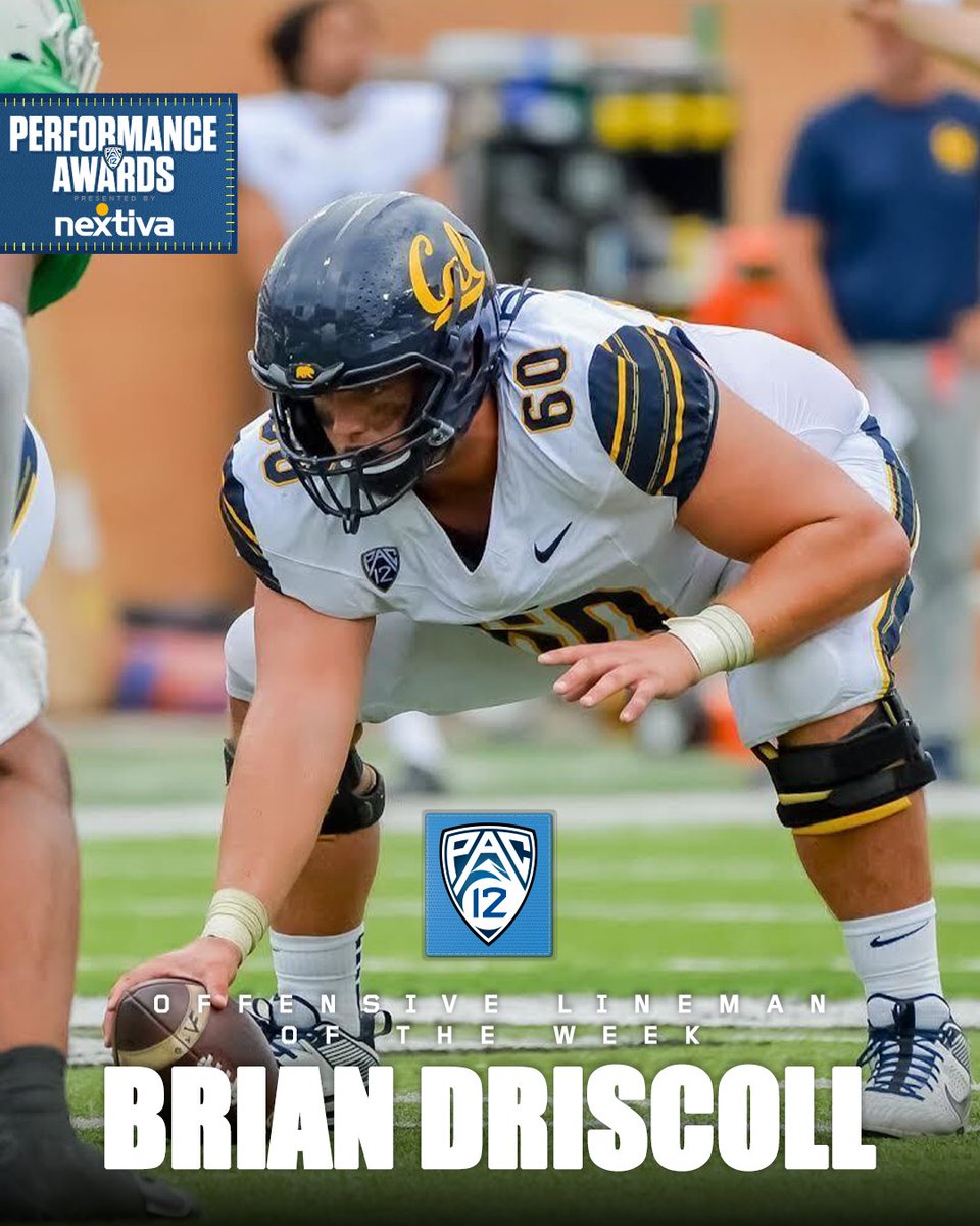 pac12's tweet photo. #Pac12FB Offensive Lineman of the Week, presented by @Nextiva: Brian Driscoll 🐻

Full release ➡️ https://t.co/FZS7lGh2F2 https://t.co/Zvq8EVQPxQ