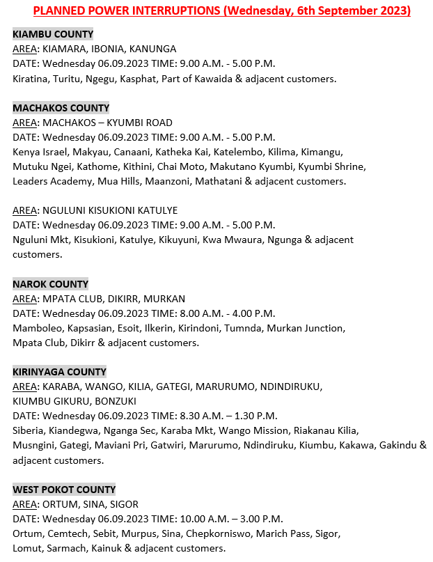 KenyaPower_Care's tweet photo. Hello, these areas will be affected by scheduled power interruptions tomorrow: ^BT https://t.co/Yj6hgg9dJJ
