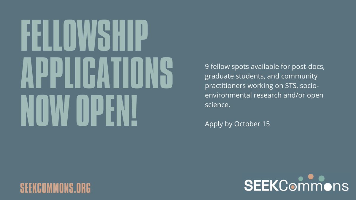 🤗 Applications now open for the SEEKCommons #fellowshipprogram !

Are you a #graduate student, #postdoc, or community-based practitioner? Do you work on open #tech, #sustainability, #climate, #STS, #OpenScience, or #STS?

Apply by 10/15 at seekcommons.org/fellowship-app…