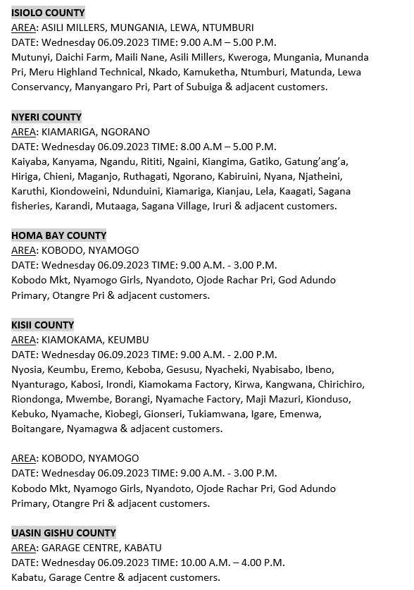 KenyaPower_Care's tweet photo. Hello, these areas will be affected by scheduled power interruptions tomorrow: ^BT https://t.co/Yj6hgg9dJJ