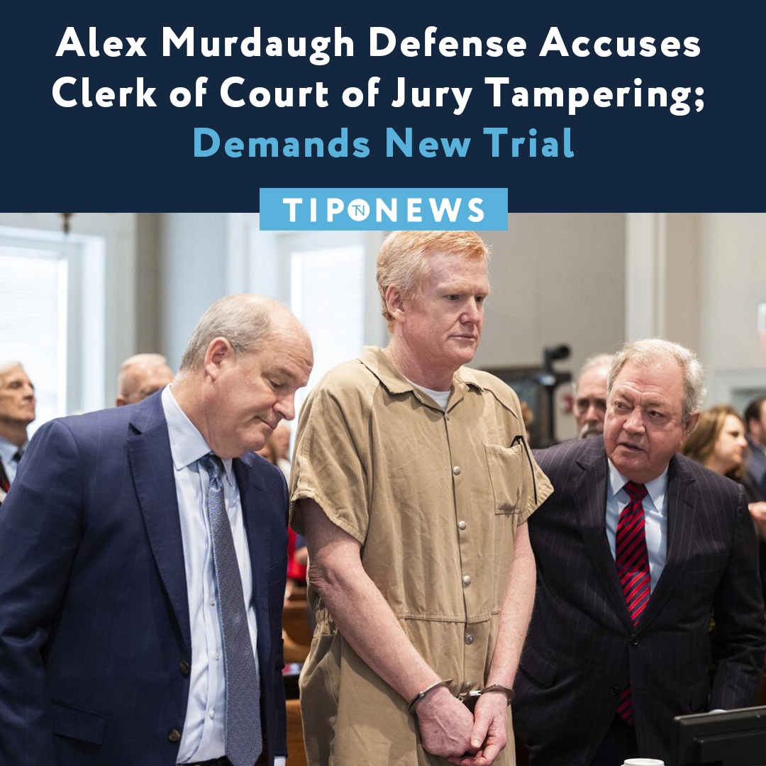 TipNewsBrief's tweet photo. Attorneys for Alex Murdaugh are alleging that the Colleton County Clerk of Court, Becky Hill, tampered with the jury that found Murdaugh guilty of murdering his wife and son earlier this year and are requesting a new trial. Murdaugh's lawyers accuse https://t.co/6r3rA6mXl0