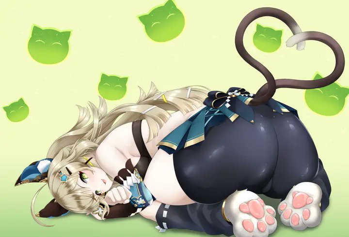 She is sleeping like that as the reader wakes her up by spying through her door.

"miau? Is something wrong with you? Why did you wake me? I had such a beautiful dream" She looks to the door.