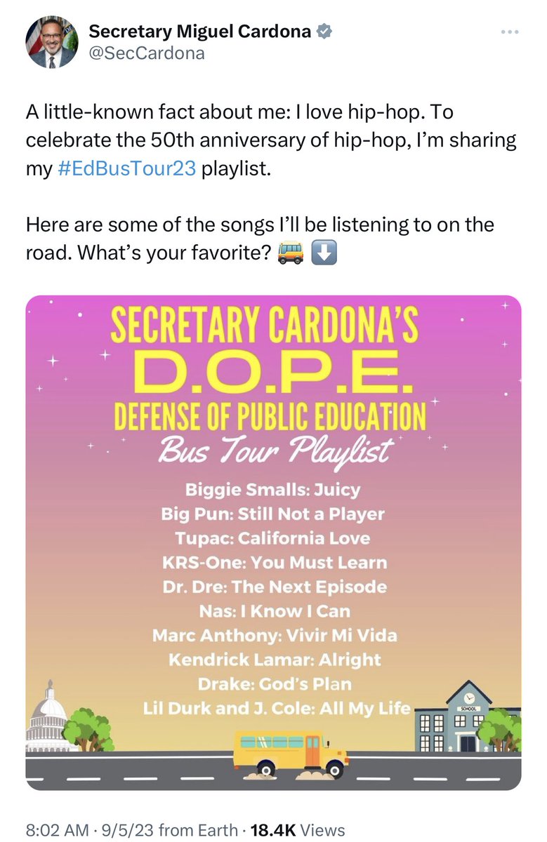 American children:

“We can’t read!”

Secretary Cardona:

“Out o' town, put it down for the Father of Rap
And if yo' a** get cracked, b*****, shut your trap
Come back, get back, that's the part of success.” (- Dr. Dre)