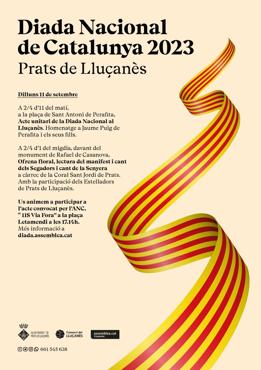 📣 #PratsdeLluçanès se suma a la celebració de la Diada Nacional de Catalunya, el dilluns, 11 de setembre, amb l'acte unitari de la Diada Nacional al #Lluçanès, a Perafita, i la tradicional ofrena floral davant del monument de Rafael Casanova, a Prats.

🗞️ pratsdellucanes.cat/cultura/diada-…