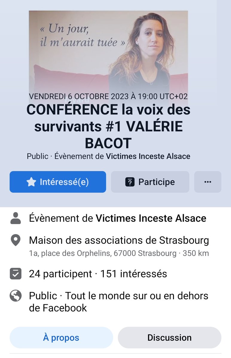 Valérie Bacot sera exceptionnellement en conférence à #Strasbourg le 6 octobre 2023.
N'hésitez pas à venir à la soutenir.

Lien vers la billetterie 👉 vu.fr/Fuyk

A bientôt :-)