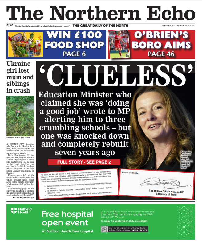 Wednesday's <a href="/TheNorthernEcho/">The Northern Echo</a> 🗞️

A North East school the Education Secretary said was at risk of RAAC was actually demolished and safely rebuilt SEVEN years ago @ACunninghamMP

The latest on crumbling concrete crisis from <a href="/danielhordon/">Daniel Hordon</a> &amp; <a href="/tburgessjourno/">Tom Burgess</a> 

#TomorrowsPapersToday