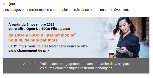 Ax0ne's tweet photo. Les abonnements @Orange, surclassés pour un tarif plus important sur simple avertissement par mail, sans consentement actif des abonnés. Savez-vous si c'est bien légal @60millions  @UFCquechoisir ? https://t.co/HNSMrg36sm