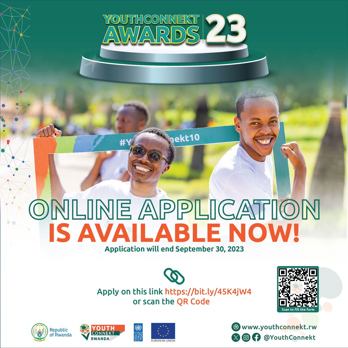 🚨Good news! The online application is open to all eligible young Rwandan entrepreneurs. Apply via this link: bit.ly/45K4jW4 or scan the QR code on the artwork! #YCA2023 #RwandaYouth