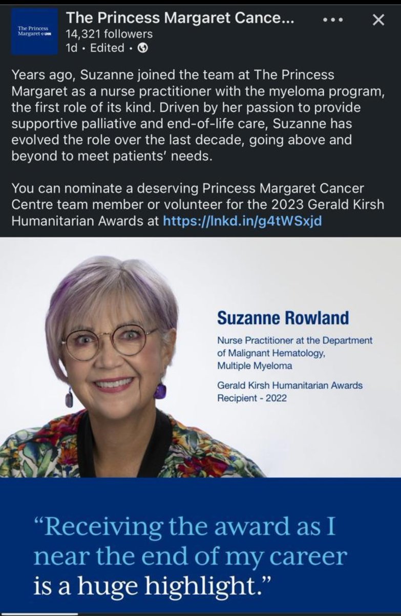 We're happy to introduce you to the incredible nurse, Suzanne Rowland who will be speaking at our upcoming Myeloma seminars.  For her dedicated compassion, integrity, and teamwork she was honored as the winner of the 2022 Gerald Kirsh Humanitarian Awards.
thepmcf.ca/media-supporte…