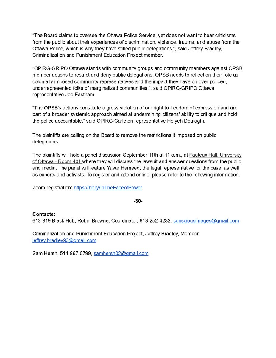 CPEPgroup's tweet photo. For Immediate Release: Ottawa residents take the Ottawa Police Services Board to court for violating their right to freedom of expression guaranteed under the Canadian Charter of Rights and Freedoms.  1/3 https://t.co/HW7tIN4jwg
