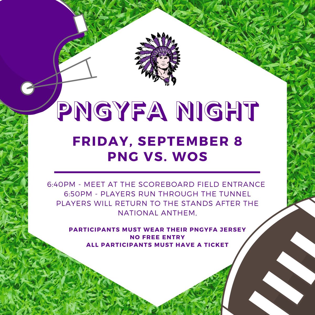 PNGHSFootball's tweet image. PNG vs West Orange Stark.
Friday Night at 7:00!! 

It’s PNGYFA night!  Any PNGYFA players at the game in their jersey will run out of the tunnel with the team at the start of the game!!!!  We can’t wait to see all of you here!