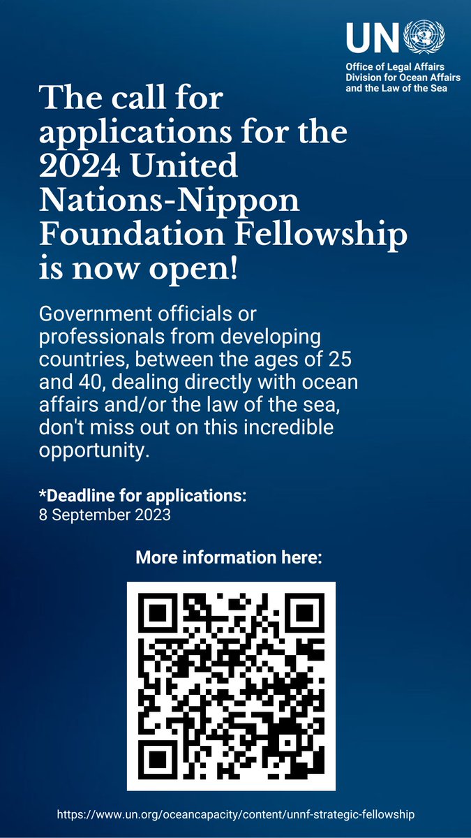 undoalos's tweet photo. The call for applications for the 2024 United Nations-Nippon Foundation Fellowship is open.
Deadline: 8 September 2023
More information here: https://t.co/ynfN9XGY76 https://t.co/a8pMX4fBdb