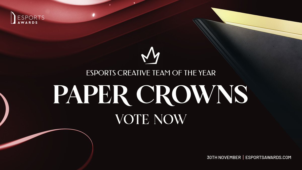 esportsawards's tweet image. Vote for @papercrowns! Finalist of the Esports Creative Team of the Year award.

Remember, you can VOTE EVERY DAY, once a day.

✅ Vote now: esportsawards.com/vote/ 

Esports Awards 2023 - November 30th | Zouk - Las Vegas