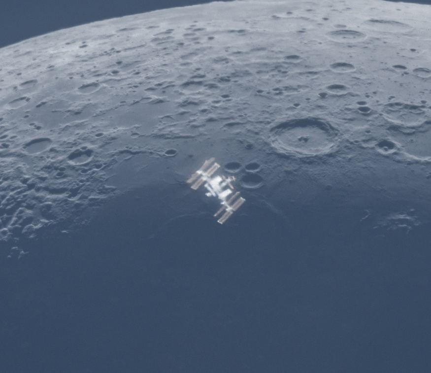 AJamesMcCarthy's tweet photo. In two days the ISS is transiting the moon in my area again. The station will be in sunlight this time, so it'll look similar to my last shot except the moon will be in a much different phase. It'll also be darker so revealing more color will be possible. https://t.co/KeOWCgVgev