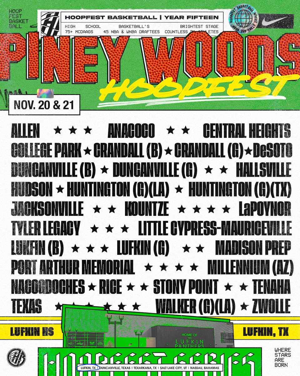 𝗘𝗮𝘀𝘁 𝗧𝗲𝘅𝗮𝘀, 𝗶𝘁'𝘀 𝗧𝗜𝗠𝗘! The Hoopfest Basketball Series kicks off in 𝗟𝘂𝗳𝗸𝗶𝗻, 𝗧𝗫. Check out the teams headed to Piney Woods Hoopfest, November 20-21. #WhereStarsAreBorn | @Lufkin_Hoops