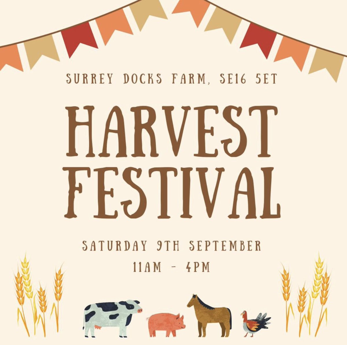 Get ready for <a href="/surreydocksfarm/">Surrey Docks Farm</a>'s annual Harvest Festival this weekend! 🌾 

There will be fair games, a BBQ, animal handling, Morris men, face painting, craft stalls, farm produce, and more 🐔🍕🎨 

⏲️11 am - 4 pm 
📍Rotherhithe St, South Wharf, SE16 5ET 
🎟️FREE