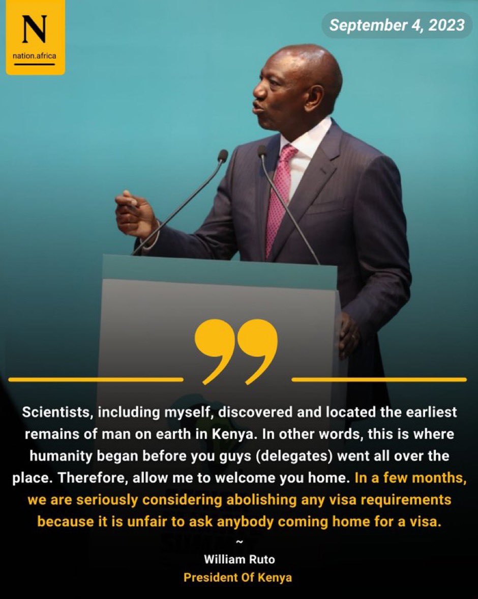 President Ruto: In a few months, we are seriously considering abolishing any visa requirements because it is unfair to ask anybody coming home for #visa 
#NationClimate
#AfricaClimateSummit23 
#ACS23
