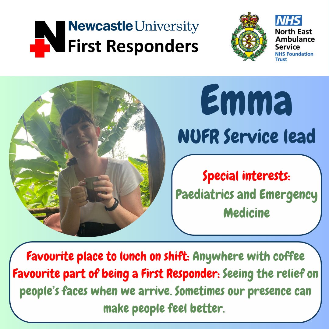 🚑 Meet the committee: 23/24 🚑

It’s a new year so let’s kick things off by meeting our new committee for 2023-2024!

Emma is one of our NUFR service leads ☺️

#nufr #neas #northeastambulanceservice #newcastleuniversity #newcastlemedicalschool #communityfirstresponder #firstaid