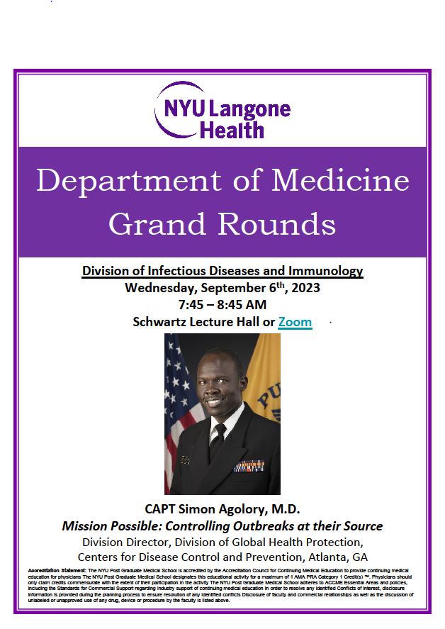 We're thrilled to welcome CAPT Simon Agolory, MD, Div Director, Div of Global Health Protection <a href="/CDCgov/">CDC</a> <a href="/CDCGlobal/">CDC Global Health</a> to Medicine Grand Rounds <a href="/nyugrossman/">NYU Grossman School of Medicine</a> tomorrow, to speak on the important topic of controlling ID outbreaks at their source. #MissionPossible <a href="/NYUGSOM_ID/">Division of Infectious Diseases & Immunology (ID)</a>