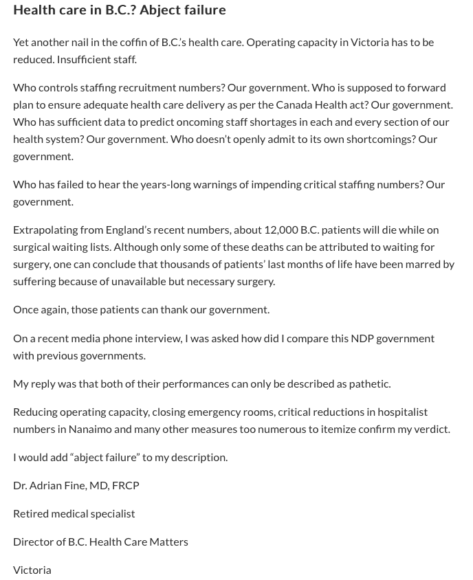 BC_GP_Shortage's tweet photo. Printed in the @timescolonist today is a riveting letter by Adrian, Director at #BCHCM. 

Our #healthcare woes aren't tolerable, insignificant, or able to wait.  The people of BC are dying and our access to healthcare worsens. @bcndp
@BCGreens
@BCUnitedCaucus @CCurrieadvocate https://t.co/0wAMMLTF4V