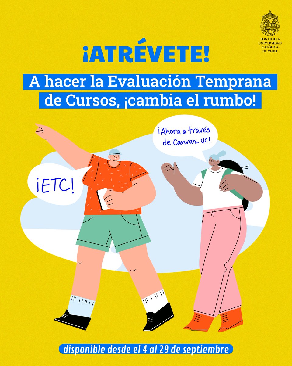 Si eres #DocenteUC de C. Civil, Derecho, Enfermería, Trabajo Social, Ingeniería o Diseño, este semestre la Evaluación Temprana de Cursos se aplicará en CANVAS😍 Anima a tus estudiantes a responderla para retroalimentar  y mejorar la experiencia de aprendizaje d tus estudiantes.