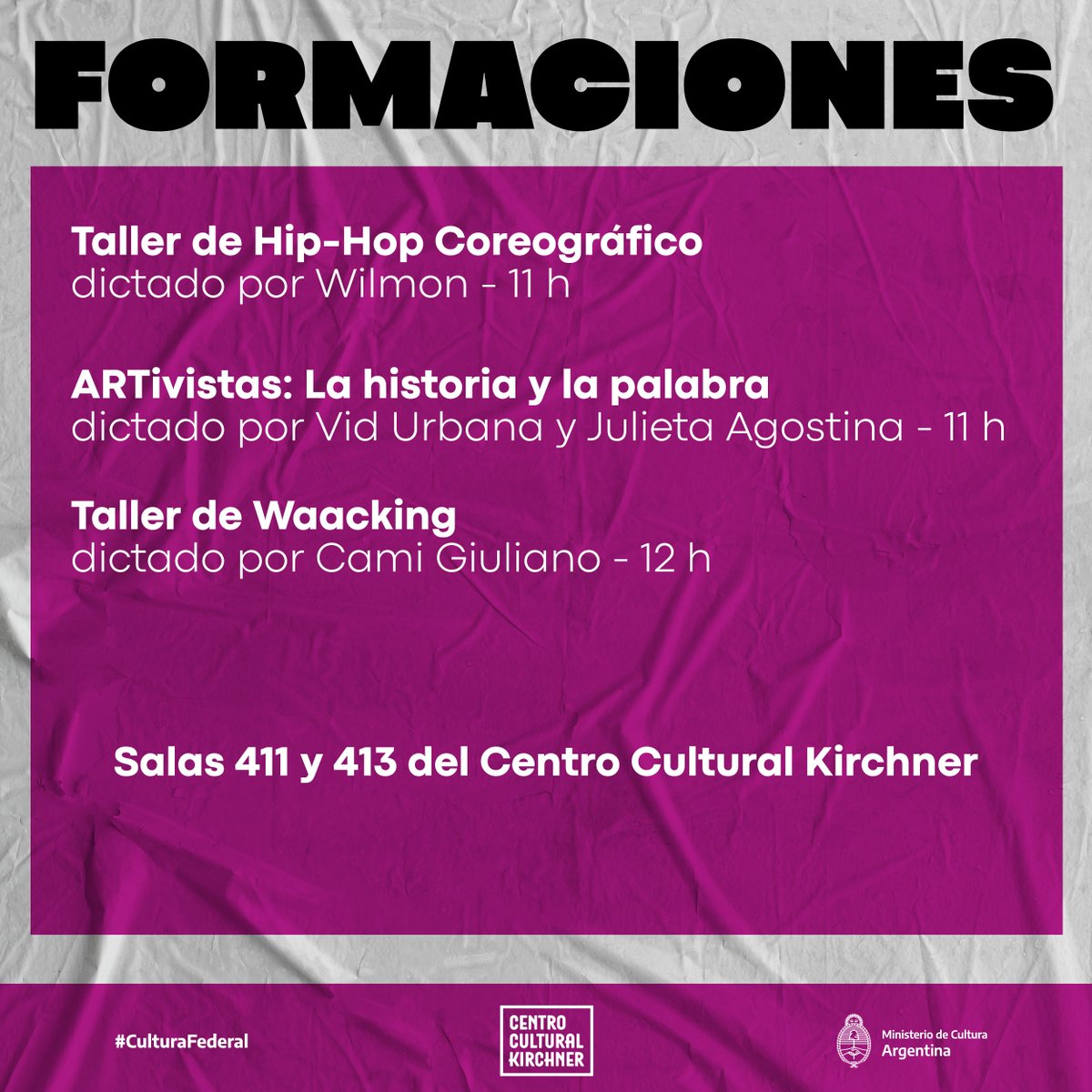 CulturaNacionAR's tweet photo. 😎 ¡#ElRitmoDeMiCalle llega a la Ciudad de Buenos Aires! 🎤

📆 El sábado 9 de septiembre en @elCCKirchner.

🔥 Participá de talleres, charlas, exhibiciones y competencias de #Freestyle, #Allstyle, #Breaking y #HipHop.

🎟️ Entrada libre y gratuita.

➡️ https://t.co/XFhHe1WfEJ https://t.co/CG96d38RuO