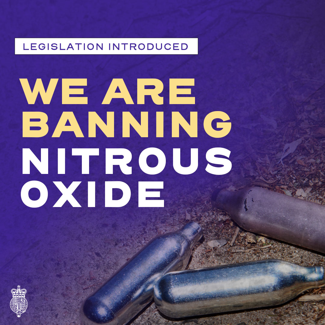 📢 BREAKING: Nitrous oxide to become an illegal Class C substance by the end of the year. We are cleaning up our streets and tackling anti-social behaviour. Those in unlawful possession could face up to two years in prison or an unlimited fine. 🔗gov.uk/guidance/antis…