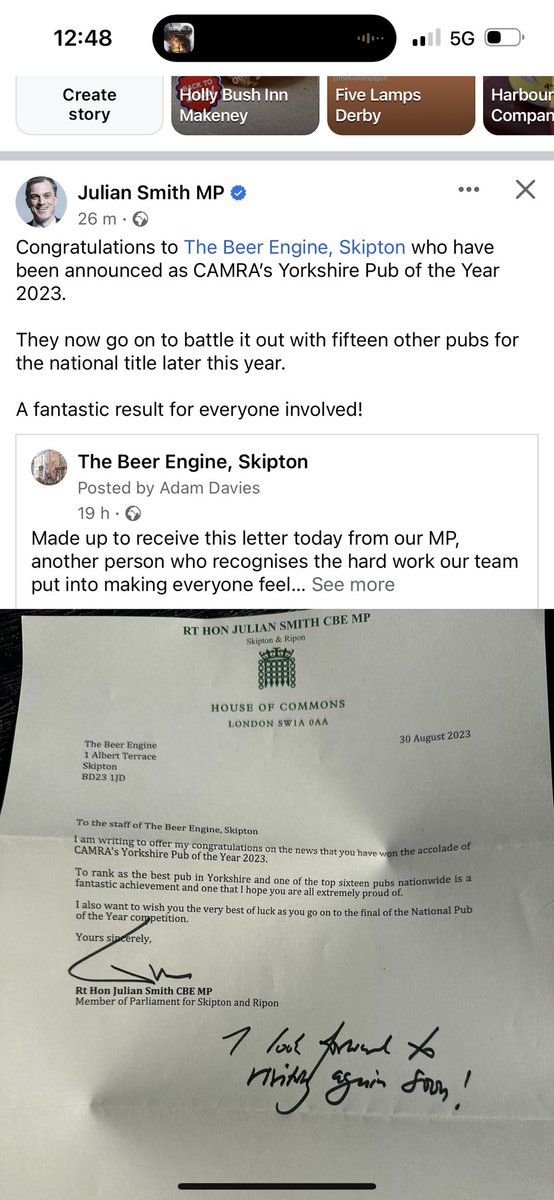 SkiptonBeer's tweet photo. Made up with this recognition from our local MP! Cheers Julian, we hope to see you for a pint soon! #camra #mp #yorkshirepub #lovelyletter #skipton #skiptonpub #POTY #caskale #craftbeer #skiptonbeerengine https://t.co/MSoqFG34Um