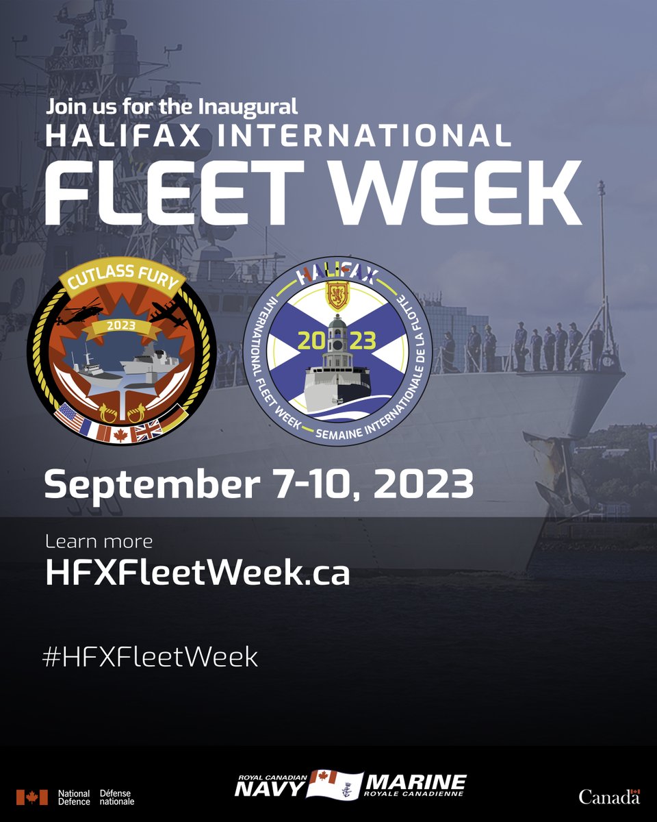 RoyalCanNavy's tweet photo. Join us for the inaugural Halifax International Fleet Week (HIFW), September 7-10. Learn more about our work, meet our sailors, tour a ship, hear the Stadacona Band and find out how you can join!  ⚓ https://t.co/pzW4tW1cm4  

#HFXFleetWeek https://t.co/ohVLLbLafP