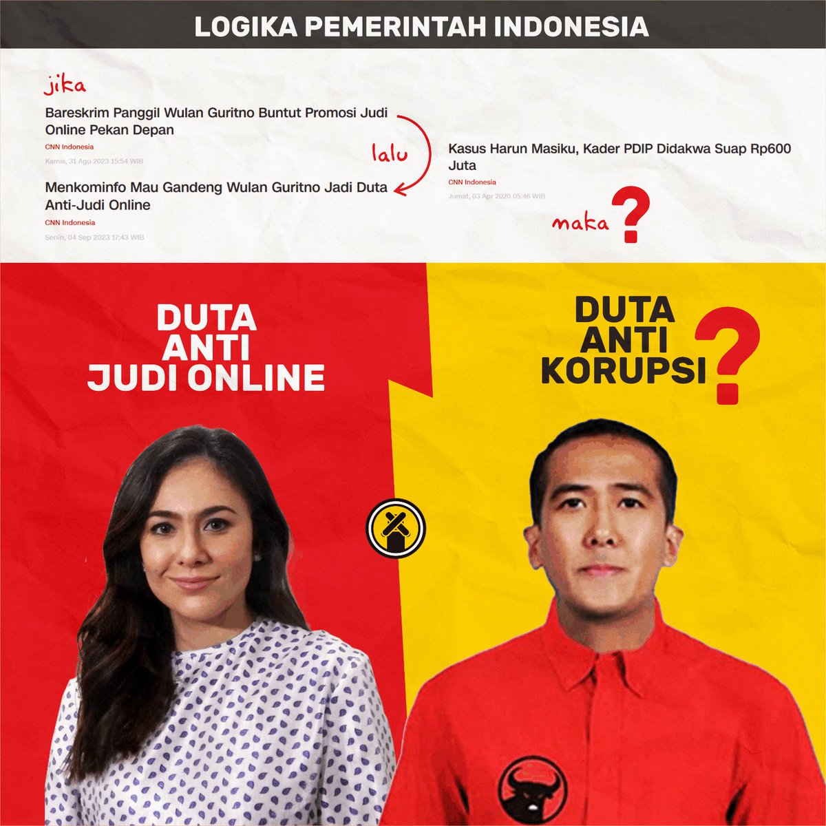 FraksiRakyatID's tweet photo. KALO WULAN GURITNO BISA JADI
DUTA ANTI JUDI ONLINE
KARENA ENDORSE JUDI ONLINE,
HARUSNYA HARUN MASIKU JUGA
BISA JADI DUTA ANTI KORUPSI
KARENA BERHASIL NYUAP
TANPA BISA KETANGKEP

Emang boleh ya logika pemerintah se-kacau ini?
Ugal-ugalan banget.

#MosiTidakPercaya https://t.co/49b0BBtxUh