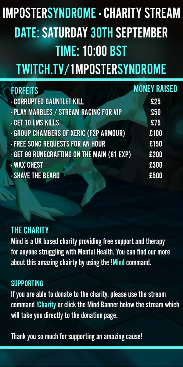 I will be doing a 12 hour charity livestream on the 30th September to raise money for the mental health charity Mind mind.org.uk. It would be amazing to see you all there. twitch.tv/1mpostersyndro…