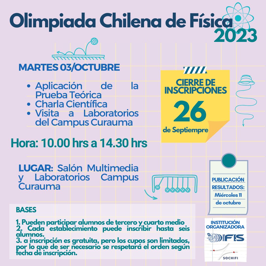 ¡Inscripciones abiertas para la Olimpiada Chilena de la Física 2023! 🌌📚

¿Cómo inscribirte? 📝
Envía el formulario a rodrigo.rivera@pucv.cl antes del 26 de septiembre.

¡Compártelo con los y las estudiantes que conozcas!

Formulario:
drive.google.com/file/d/1KHIJHY…
