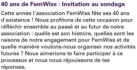 Fem_Wiss's tweet photo. 40 ans de FemWiss : Invitation au sondage
Le  sondage est ouvert dès à présent et sera clôturé le 17 septembre 2023. Tu peux accéder au sondage en cliquant ici: https://t.co/6uVDv6N2au https://t.co/9CgjswW1oz