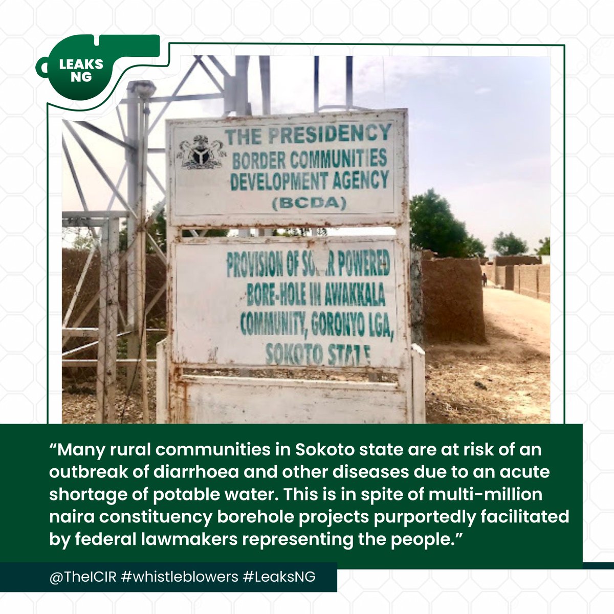 Leaks_NG's tweet photo. An @TheICIR investigation reveals that multiple multi-million Naira constituency water projects in Sokoto communities have failed to deliver the expected benefits due to widespread issues and mismanagement, causing a negative impact on the local residents. https://t.co/lVhGU5lagS