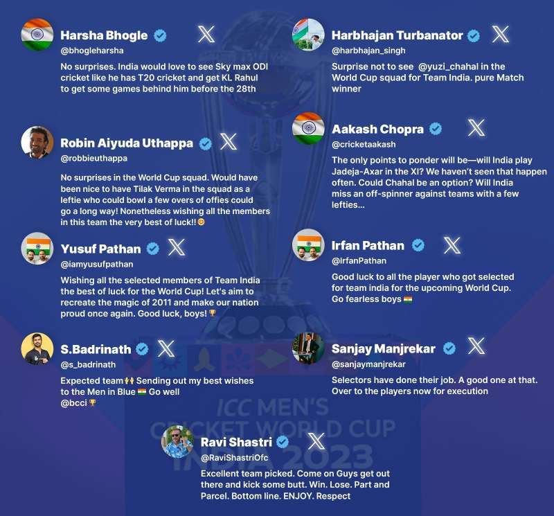 Indian cricket fraternity reacts as BCCI announced the 15-member squad for the 2023 ODI World Cup in India.

#WorldCup #WorldCup2023 #AsiaCup2023 #AsiaCup23 #IndianSquad #BCCI #BCCB #VirenderSehwag #SanjuSamson #Tilak #ViratKohli #RohitSharma #Pakistan