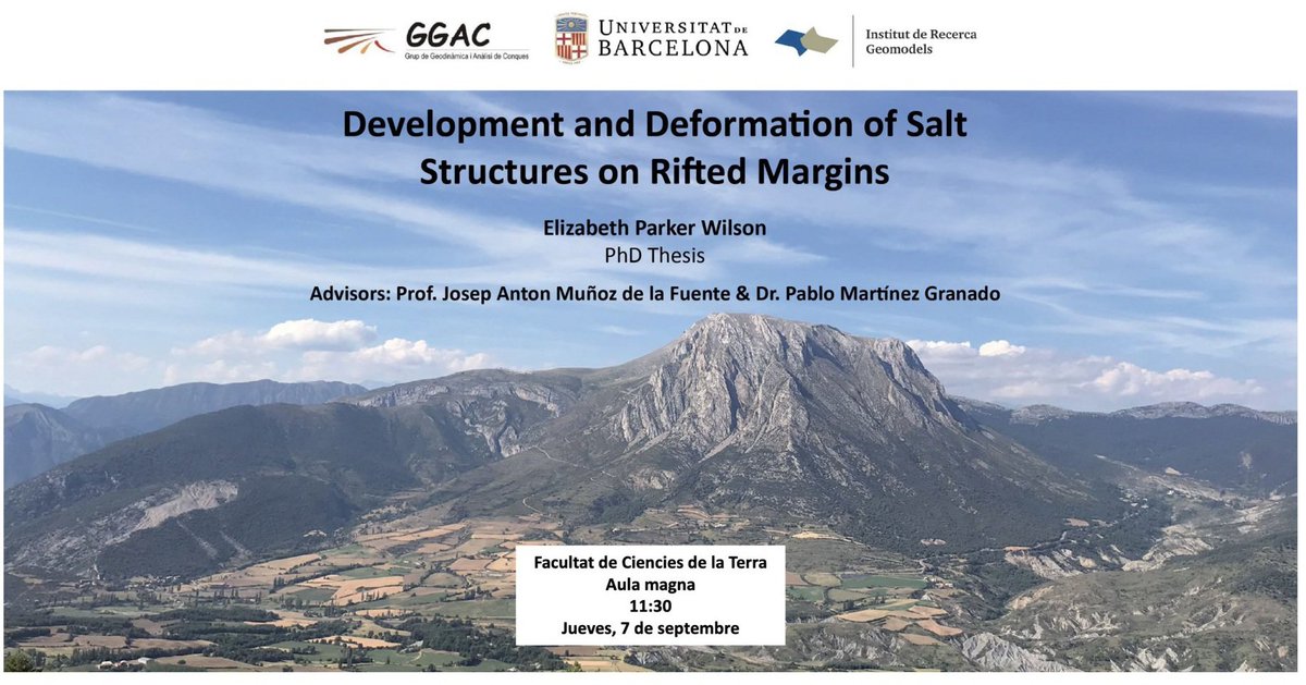 Atenció!!! 🚨 Defensa de tesi.
Dijous d'aquesta setmana (07/09/2023) a les 11:30 a l'Aula Magna de la @geologiaub, Elizabeth Parker defensarà la seva tesi doctoral @IRGeomodels @DoctoratUB @UBDivulga