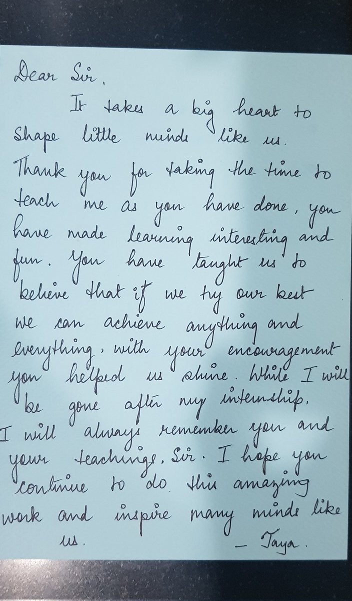 Normally handcrated cards on teacher's day are considered a school kid's effort, but this card by one of my interns, a final year law student, at my Information Commission office brightened my day ♥️