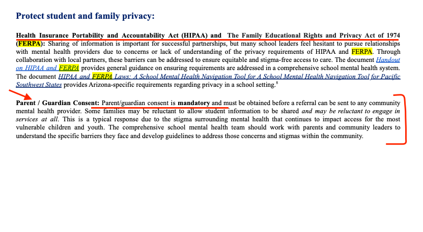 ALegalProcess's tweet photo. 📢Part IV. Public Schools | Unregulated Mental Health Service Providers (dba "certified counselors/social workers"):
In this Part IV, I'll highlight some problematic assumptions behind the new ADE guidance to expand mental health programs in schools, assumptions that potentially affect parents' right and ability to determine major health decisions of their child.

Parts I-III  here:
https://t.co/1NYSnj5tVD

4/ Despite the hype, suicide is not a leading cause of death of children in AZ - and its not even close.

>While the guidance states mental health programs are tied to increased academic achievement, it presents no data to establish that claim. It's more presumed true than demonstrated.

>A word search shows that, while the word "academic" appears 7x on 6 pages of the 34 page document, the word "suicide" appears  a whopping 138x on 15 pages - from which one can reasonably deduce that, for the authors, suicide prevention - not academic achievement - is one of the key benefits behind the program.

> Read that again. The word "academic" is used 7 times. The word "suicide" is used 138 times. In an ADE publication designed to promote and and expand  the use of state medicaid funding to finance more mental health professionals in schools.

>And the fact is that in AZ there is no child suicide crisis. Child suicide is difficult to discuss - it's so gut-wrenchingly horrible to contemplate, we'd prefer not to. But the facts are the facts. And if you using child suicide numbers to advocate a new major program that seeks to divert public school focus and resources away from academic achievement, C19 learning loss, and better career/college preparedness - you better have the facts to support it.

And they don't.

The ADE guidance cites AHS data (but not an actual study) that in 2019 suicide was the 5th leading cause of death in AZ. The most reliable data, however, is from the non-partisan, statutorily-created Child Fatality Review Program that annually compiles the data in AZ. 

>The CFRP report for 2019 found that, out of 777 total deaths in ages 1-17, cancer (54 cases), not child suicide (38 cases), was the 5th largest cause of death, behind natural causes, accidents, and even homicides. 38 out of 777. Statewide. 38. And 29% of those involved substance abuse.

>In 2021, out of 863 total deaths, 44 child suicides. And 32% of those involved substance abuse.

>I've written before on how suicide data may be hyped, found here:
https://t.co/POROfn06Xo
and here:
https://t.co/7i1TJJbW7q

> You can draw your own conclusions about the veracity of the ADE's claims - and their motivations for doing so. But also consider this:

>With the exception of a very brief mention that FERPA requires mandatory parental consent to disclose health information to an outside third-party, the guidance really dances around the issue of parental notification and consent - involving sexualized identity / gender ideology claims.
On one hand, the guidance acknowledges the need for parental notification of a child identified at-risk and involvement - and specifies they should be notified on the same day with this caveat:
"unless notifying the parent will put the student at increased risk of harm."  

And what constitutes "increased risk of harm" that justifies NOT notifying a parent of a child at series risk of suicide?⬇️

You guessed it - when a mental health worker determines that parents are not acting in the best interest of the child by not endorsing a gender identity.

There you go. That's it. Right there. 🎯

Now, you can judge for yourself - what's really motivating this push for more mental health professionals in school all across the country, right now, in this environment, post-covid, when all the indicators show students are waaaay behind in reading, math, and science, all the core academic outcome measures?

End of Part IV. In my final post in the series, I'll look at the proposed model school board polices drafted by ASBA and endorsed by ADE to obtain the statutorily required opt-in (not opt-OUT) of parents to receive referrals to a Medicaid funded mental health agency.