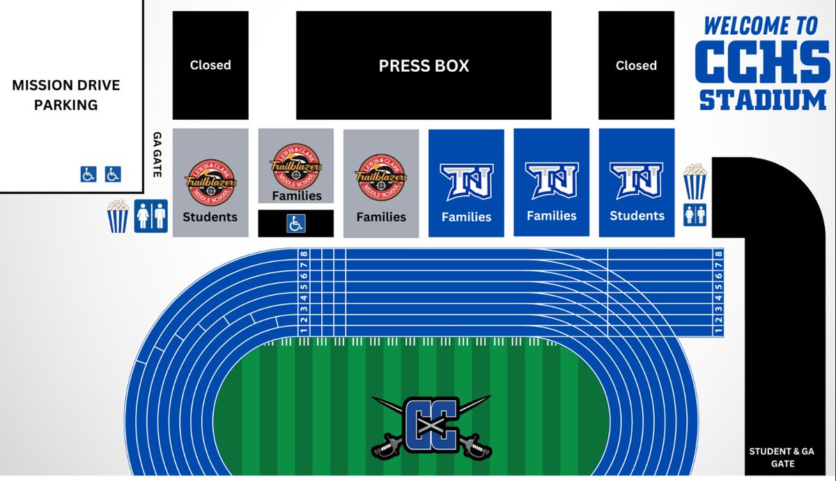 LCtrailblazers's tweet photo. Thursday, September 7th, Lewis & Clark Trailblazer Football will be facing the Thomas Jefferson Patriots at Capital City High School's NEW stadium! Check out our seating chart for the evening as we cheer on the Trailblazers to victory! 🏈 #TrailOfChampions #BetterUs https://t.co/z6zVqRMwG2