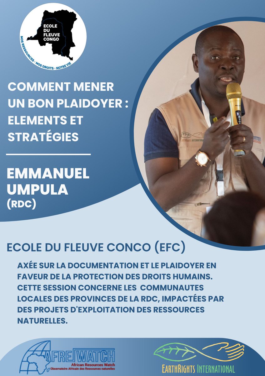 A la première édition de l'École du Fleuve Congo tenue du 26 août au 04 septembre 2023 à Lubumbashi et à Kolwezi,le Formateur Emmanuel UMPULA a développé sur le thème ''Comment mener un bon plaidoyer : Eléments et stratégies''