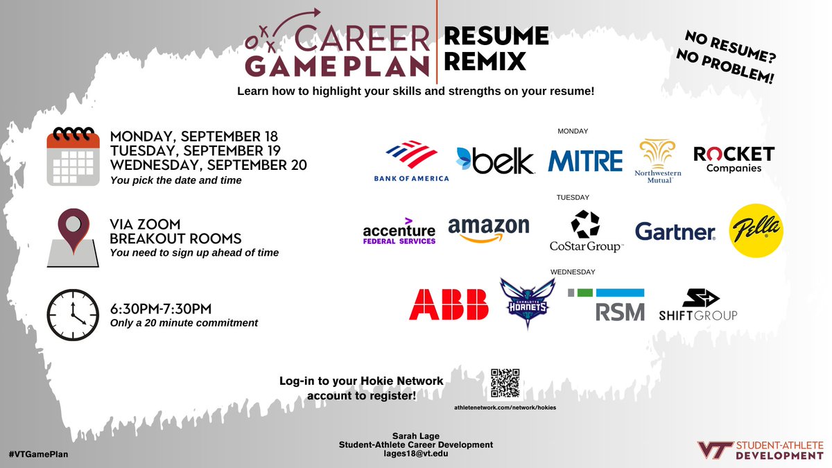 VT S-A Development (@vtsadevelopment) on Twitter photo Registration for Resume Remix is officially open! We've got 14 great companies ready to assist you with your resume (whether you have one or not)!
Register through Hokie Network - check your VT email for details!
#VTGamePlan
<a href="/VTSAAC/">VT SAAC</a> <a href="/VT_SAASS/">Virginia Tech SAASS</a> <a href="/hokiesports/">HokieSports</a> Registration for Resume Remix is officially open! We've got 14 great companies ready to assist you with your resume (whether you have one or not)!
Register through Hokie Network - check your VT email for details!
#VTGamePlan
<a href="/VTSAAC/">VT SAAC</a> <a href="/VT_SAASS/">Virginia Tech SAASS</a> <a href="/hokiesports/">HokieSports</a>
