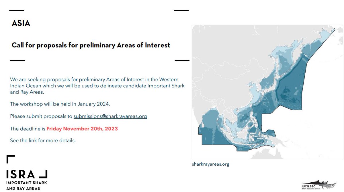 The Important Shark and Ray Area project's next region of interest is Asia! Please submit preliminary areas of interest by November 20th. More information on the workshop and how to submit can be found here: drive.google.com/drive/folders/… Project info: sharkrayareas.org/about-isras/