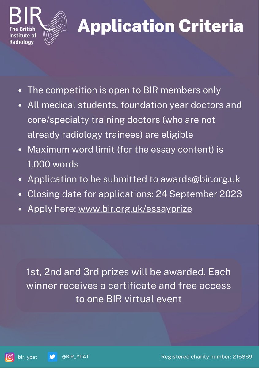 BIR (@bir_news) on Twitter photo FIVE DAYS TO GO! Calling all medical students, foundation doctors and core/specialty trainees. Enter this essay prize to boost your application bit.ly/3KQhvjA Closing date 24 September 2023 <a href="/_the_SRT/">The Society of Radiologists in Training</a> <a href="/RCRadiologists/">The Royal College of Radiologists</a> <a href="/BIR_YPAT/">BIR YPAT</a> FIVE DAYS TO GO! Calling all medical students, foundation doctors and core/specialty trainees. Enter this essay prize to boost your application bit.ly/3KQhvjA Closing date 24 September 2023 <a href="/_the_SRT/">The Society of Radiologists in Training</a> <a href="/RCRadiologists/">The Royal College of Radiologists</a> <a href="/BIR_YPAT/">BIR YPAT</a>