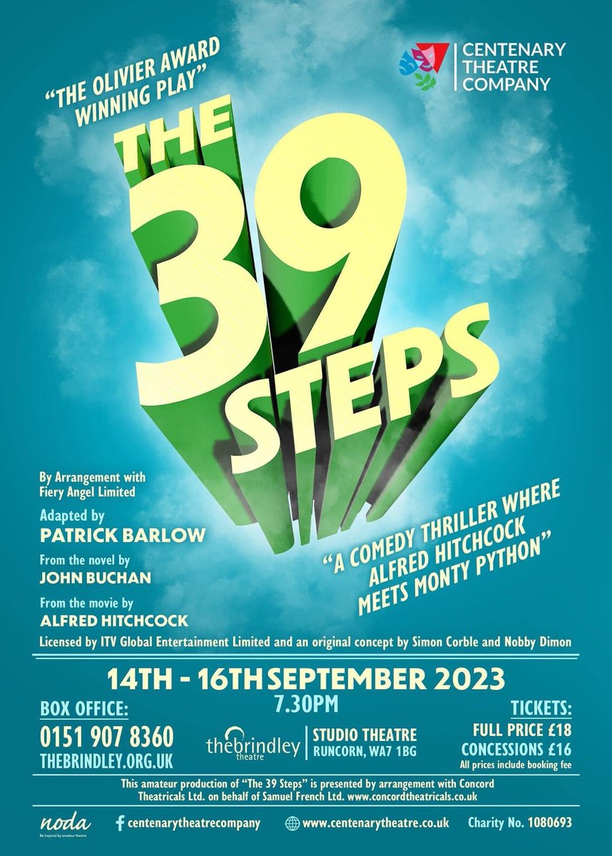 CentenaryTC's tweet photo. 🕰️ 9 days until departure! 🕰️

Our upcoming production of Patrick Barlow's adaptation of 'The 39 Steps' pulls into @TheBrindley studio on Thursday 14th September and will depart on Saturday 16th 🚂 

Got your ticket yet? Don't be late!

🎟️ https://t.co/DZt9QfzCb8 https://t.co/Iva49vVIOZ