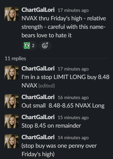 ChartGalLori's tweet image. $NVAX Queen of the Mountain Trade working- now I&apos;ve sold about 40% and I keep moving up stops. Posted entries and partial exits real time in chat; Not closing out unless we lose 5 min EMA&apos;s. #pregameshow #daytrading