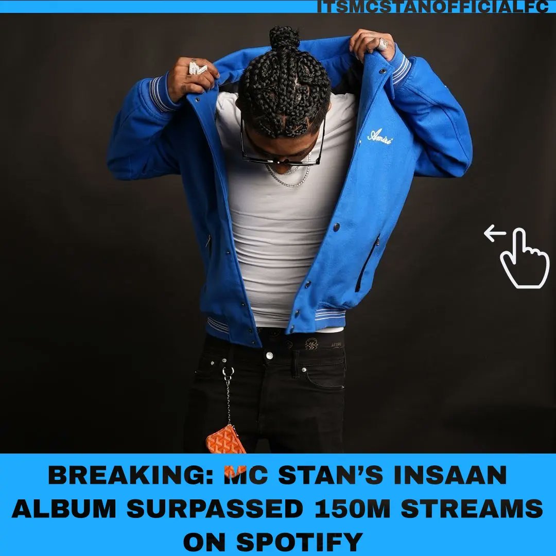 ItsTeamMCStan's tweet photo. Amazing news! #MCStan's "Insaan" album just hit a sensational milestone, Crossing 150 million streams on Spotify in just one year! 🚀

@MCStanOfficial the goat 🐐 https://t.co/v8qM5IRq0I