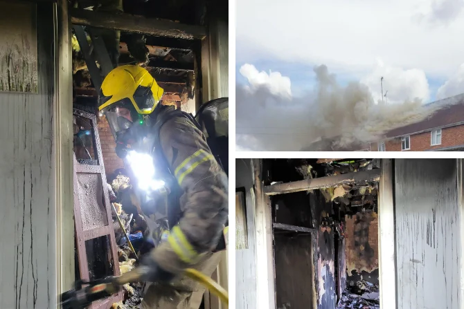 A collage of three images from a house fire. One shows smoke billowing from the roof, the other two show extensive smoke and fire damage, with a firefighter wearing full breathing apparatus in one.