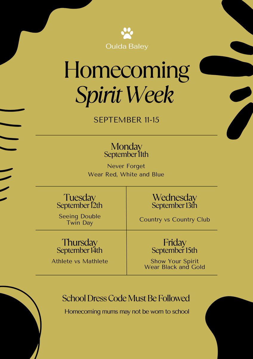 Homecoming Spirit Week is next week September 11-15