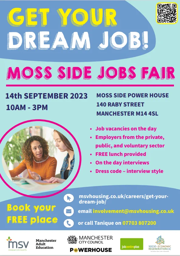 Come along to the Moss Side Jobs Fair on 14 September, 10am to 3pm at Power House Moss Side, 140 Raby Street M14 4SL. No need to book just turn up on the day! Find our more 👉msvhousing.co.uk/careers/get-yo…